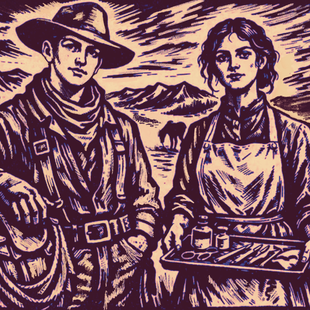 Image depicts a ranch hand and a surgeons assistant in 1880s clothing. It is rendered as a block print.